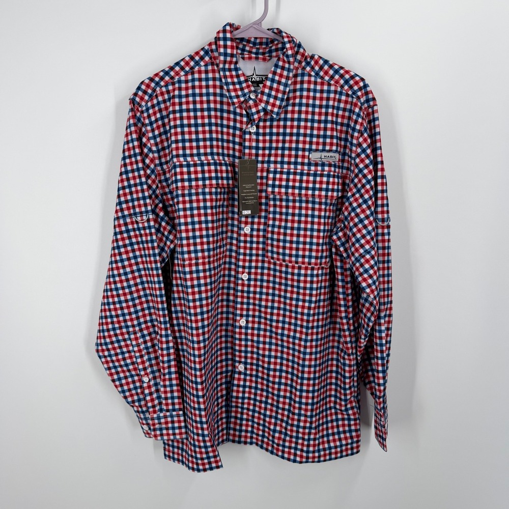 Habit Fishing Shirt Mens Medium Red Blue Tackle Plaid Long Sleeve Vented TS10800